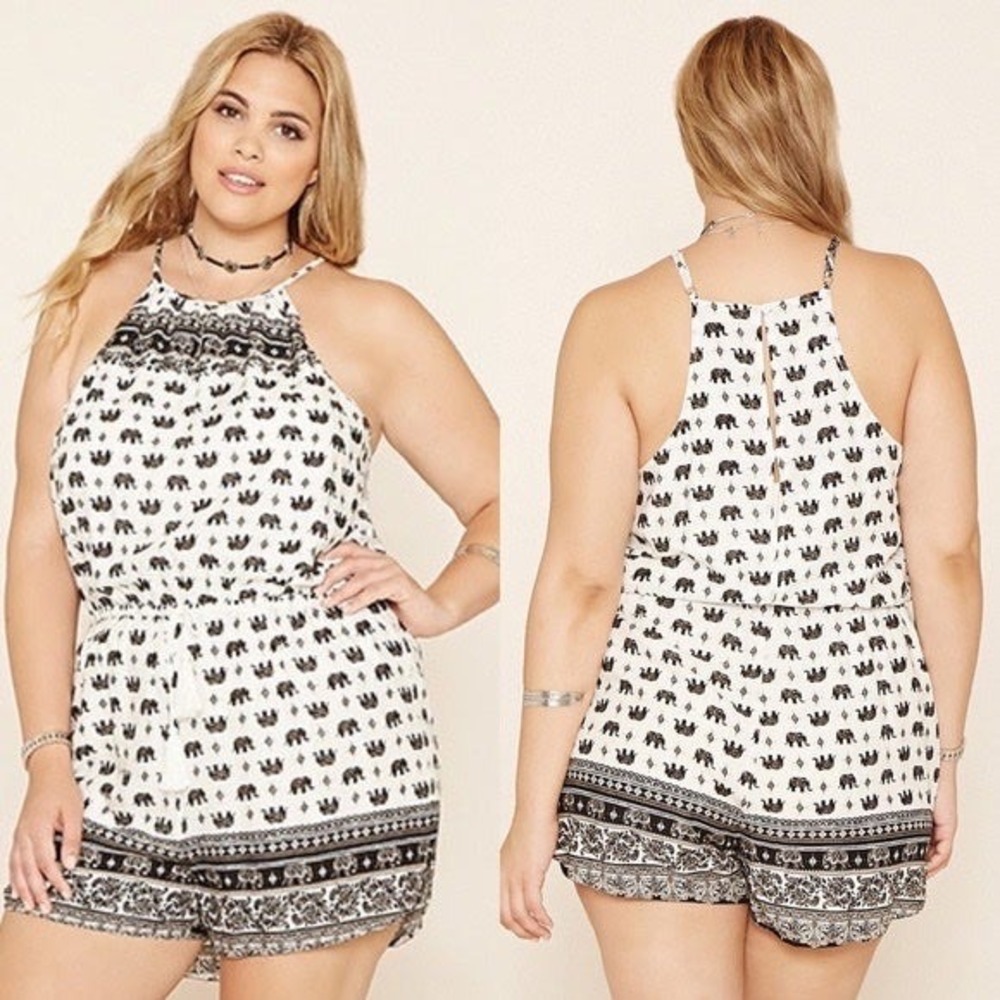 Forever 21 Plus Size 2X Elephant Print Halter Romper Black White Boho Shorts